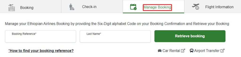 A screenshot of Ethiopian Airlines online Manage Booking functionality 
