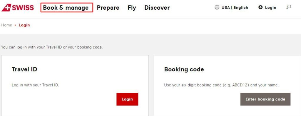 A screenshot of SWISS Air’s Book & Manage tab for cancelling flights online