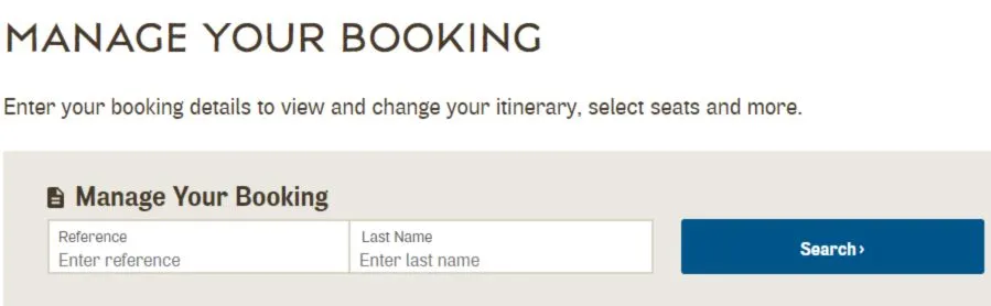 A screenshot of Fiji Airways Manage Your Booking page used for changing flight bookings online