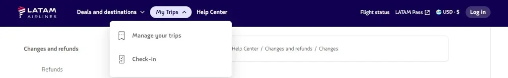 A view of LATAM Airlines My Trips option for cancelling flights online 